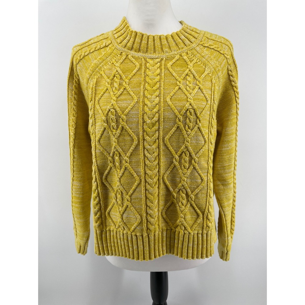 Gap Cable Knit Sweater Women Large Petite Yellow Cottagecore Cotton Crew Neck